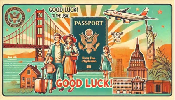 DALL·E 2024-06-23 16.07.22 - A vibrant, retro-style postcard illustration for 'Tips for a Successful US Tourist Visa Application'