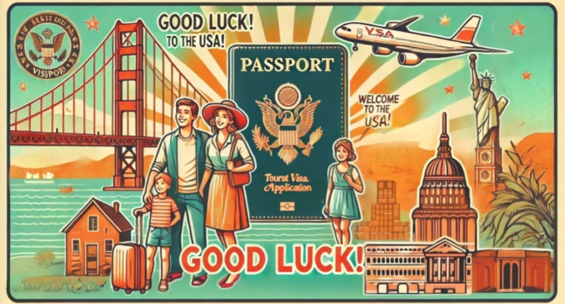 DALL·E 2024-06-23 16.07.22 - A vibrant, retro-style postcard illustration for 'Tips for a Successful US Tourist Visa Application'
