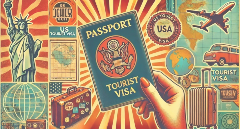 DALL·E 2024-06-23 17.16.08 - A vibrant, retro-style postcard illustration for 'Step-by-Step Guide to Applying for a US Tourist Visa'